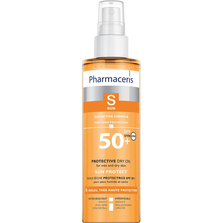 DUO-ACTIVE DRY OIL SPF 50+ PHARMACERIS (“Protective Dry Oil Vit E” – Lëkurë e flokë, për Gjithë Familjen)