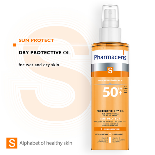 DUO-ACTIVE DRY OIL SPF 50+ PHARMACERIS (“Protective Dry Oil Vit E” – Lëkurë e flokë, për Gjithë Familjen)