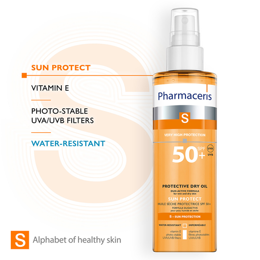 DUO-ACTIVE DRY OIL SPF 50+ PHARMACERIS (“Protective Dry Oil Vit E” – Lëkurë e flokë, për Gjithë Familjen)