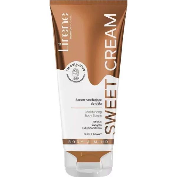 136737 500x500p lirene serum nawilzajace do ciala sweet cream 200ml 5900717831018 20230102100653.jpg SWEET CREAM - Moisturizing Body Serum by Lirene. Body serum. It is vegan and contains 98% ingredients of natural origin. Its action is based on specially selected active ingredients such as: agave oil, babassu oil, macadamia oil, caffeine and shea butter. It provides the effect of intense hydration and nourishment, which lasts up to 48 hours after application, as a result of which the skin is silky smooth and velvety soft. In addition, the serum improves skin tone and elasticity and strengthens it. It has extremely tempting caramel fragrance notes. The serum is available in a 200 ml tube.