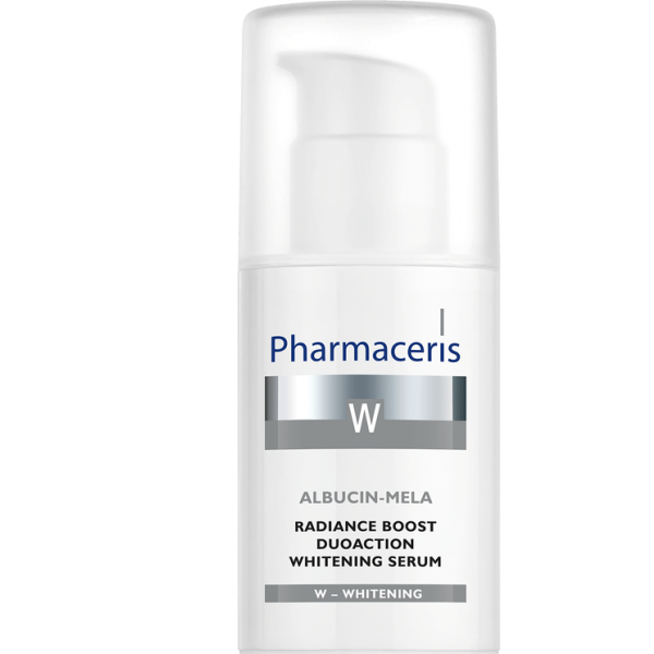 142 RADIANCE BOOST DUOACTION WHITENING SERUM ALBUCIN MELA 30 ml 1 <ul style="list-style-type:square;"> <li>67% effectively exfoliates the epidermis</li> <li>60% reduces intensity of hyper-pigmentation</li> <li>unscented</li> <li>high tolerance and efficacy</li> </ul>