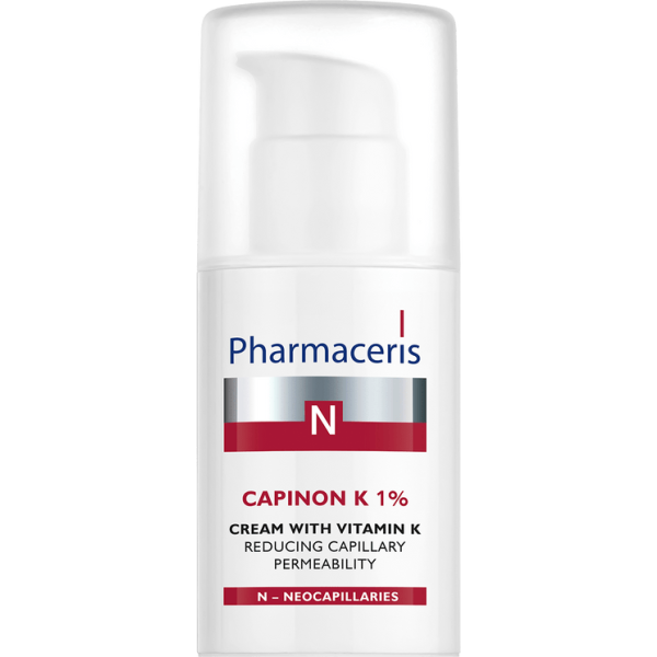 151 CREAM WITH VITAMIN K reducing capillary permeability CAPINON K 10 ml 1 <ul style="list-style-type:square;"> <li>96% soothes and relieves irritations</li> <li>96% nourishes and moisturizes</li> <li>84% reduces erythema</li> <li>clinically and dermatologically tested</li> </ul>