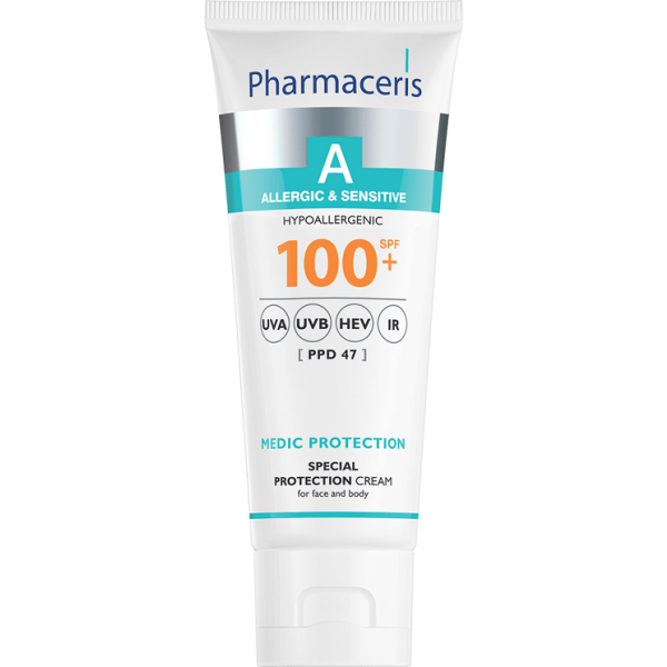 156 SPECIAL PROTECTION CREAM SPF 100 for face and body MEDIC PROTECTION 75 ml 1 <ul style="list-style-type:square;"> <li>SPF 100+</li> <li>PPD 47</li> <li>broad-spectrum anti-UVA/UVB/HEV/IR filters</li> <li>formula providing a very high level of sun protection for the skin in need of special safeguards</li> </ul>