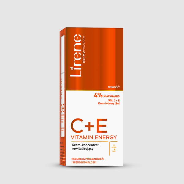 183 Lirene CE VITAMIN ENERGY Revitalizing cream concentrate 40 ml 1 Lirene C + E VITAMIN ENERGY Concentrated stimuserum 30 ml REGENERATING VITAMIN BOMB! A specialized serum that stimulates the skin to regenerate. Thanks to the vitamin C and E complex, it guarantees rejuvenation, brightening and hydration of the skin. The skin needs energy support, which is why the experts of the Lirene Scientific Laboratory have created innovative solution – cosmetics C + E Vitamin Energy, containing a unique triple vitamin complex. SPECIFIC EFFECTS *: 100% improvement in skin condition 94% skin tone 89% increase in flexibility 83% improvement in hydration * IN VIVO test – assessment in a group of women after 4 weeks of use. Product features