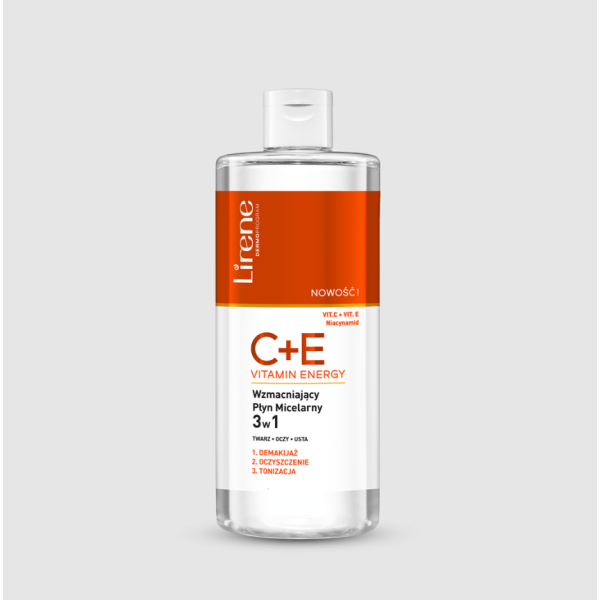 184 Lirene CE VITAMIN ENERGY Strengthening micellar water 3 in 1 400 ml 1 <ul style="list-style-type:square;"> <li>100% cleanses effectively</li> <li>86% relieves irritations</li> <li>high tolerance and efficacy</li> <li>clinically and dermatologically tested</li> </ul>