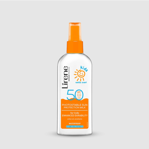 233 Lirene SUN KIDS Photostable sun protection milk for kids with vanilla scent SPF 50 150 ml 1 <p>A system of photo-stable UVA and UVB filters effectively protects the skin from sunburn, absorbing radiation and impeding its effects.</p> <p>The lotion enhances the natural defense mechanism against UV radiation, whereas vitamin E ensures proper antioxidant protection.</p> <p>Can be used for children from 7 months.</p>