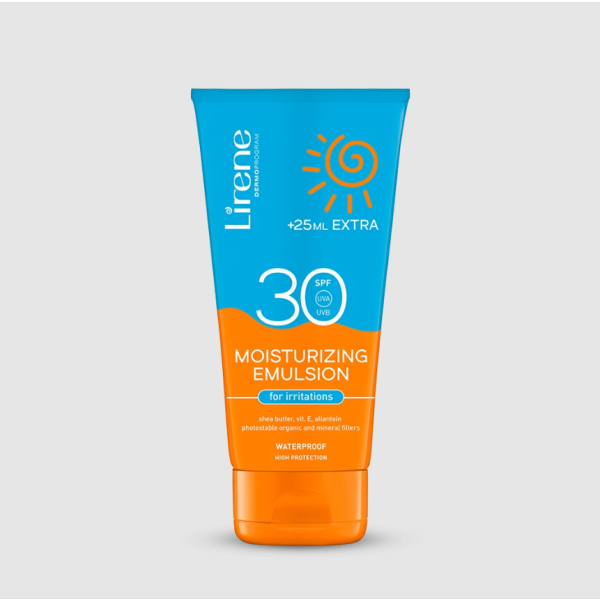 236 Lirene SUN Moisturizing emulsion for irritations SPF 30 175 ml 1 <p>Një sistem i avancuar i filtrave organikë dhe minerale të qëndrueshëm në foto në formën e një kompleksi UV Block mbron në mënyrë efektive lëkurën nga rrezatimi i dëmshëm UVA dhe UVB dhe mbron ADN-në brenda qelizave të lëkurës nga dëmtimi i shkaktuar nga ekspozimi në diell.</p>