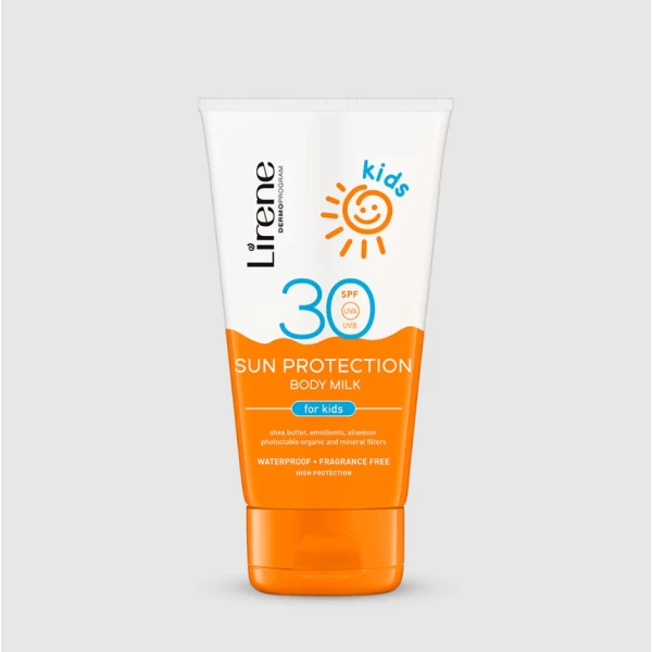 240 Lirene SUN KIDS Sun protection body milk for kids SPF 30 150 ml 1 <p>An advanced system of photo stable organic and mineral UVA and UVB filters effectively protects the skin from sunburn and irreversible cell damage.</p> <p>Filters in the product absorb or reflect the sun’s rays from the skin’s surface, blocking their effects.</p>