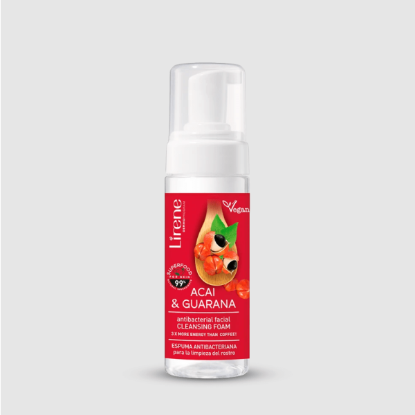 245 Lirene SUPERFOOD Natural facial cleansing foam ACAI GUARANA 150 ml 1 <p>The natural foam thoroughly and gently washes the skin, leaving it cleansed and fresh.</p> <p>The presence of guarana works like a cup of Italian espresso – providing the skin with energy for the whole day!</p>