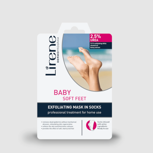 272 Lirene FOOT CARE Exfoliating mask in socks BABY SOFT FEET 25REA 150 ml 1 Ultra-softening cream-mask is designed for the care of very dry and callous foot skin. The formula containing 30% urea (UREA) makes the skin soft and smooth and reduces the tendency to develop thick and calloused skin. The tea oil contained in the mask, which has an antibacterial effect, provides a feeling of freshness. The cream is recommended for use as a special intensive night mask or for daily care.</p>