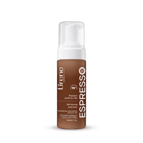 6513efea44405 brazujaca pianka do ciala espresso 10e08225.orp5 Lirene PERFECT TAN Bronzing body foam with organic coconut water ESPRESSO 150 ml Vegan moisturizing formula with organic coconut water and 100% natural DHA. Fast absorbing foam ensures easy and even application without streaks and discoloration.