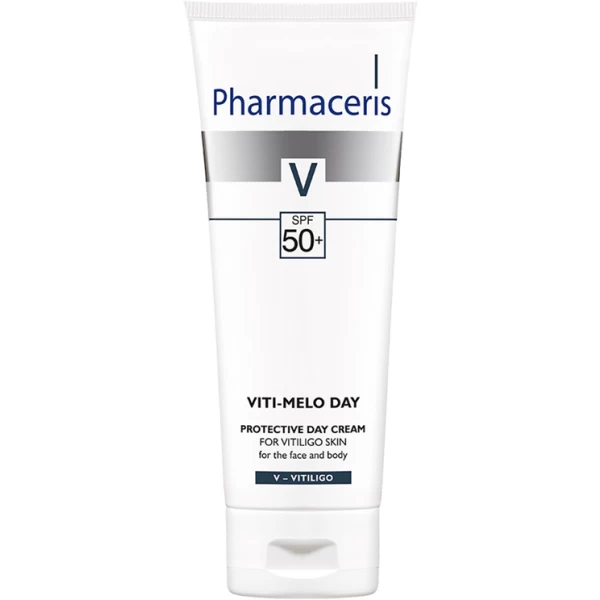 84 PROTECTIVE DAY CREAM FOR VITILIGO SKIN for face and body VITI MELO DAY 75 ml 1 <p></p> <ul style="list-style-type:square;"> <li>98% protects the skin against sunburns</li> <li>93% prevents the enlagement of patches</li> <li>tolerancë dhe efikasitet të lartë</li> <li>testuar dermatologjikisht</li> </ul>