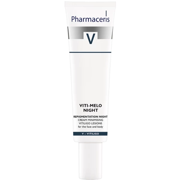 85 REPIGMENTATION NIGHT CREAM MINIMISING VITILIGO LESIONS for face and body VITI MELO NIGHT 40 ml 1 <ul style="list-style-type:square;"> <li>100% prevents the enlagement of patches</li> <li>70% level of repigmentation</li> <li>high tolerance and efficacy</li> <li>dermatologically tested</li> </ul>