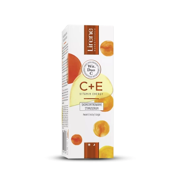 ce serum Lirene C + E VITAMIN ENERGY Concentrated stimuserum 30 ml REGENERATING VITAMIN BOMB! A specialized serum that stimulates the skin to regenerate. Thanks to the vitamin C and E complex, it guarantees rejuvenation, brightening and hydration of the skin. The skin needs energy support, which is why the experts of the Lirene Scientific Laboratory have created innovative solution – cosmetics C + E Vitamin Energy, containing a unique triple vitamin complex. SPECIFIC EFFECTS *: 100% improvement in skin condition 94% skin tone 89% increase in flexibility 83% improvement in hydration * IN VIVO test – assessment in a group of women after 4 weeks of use. Product features