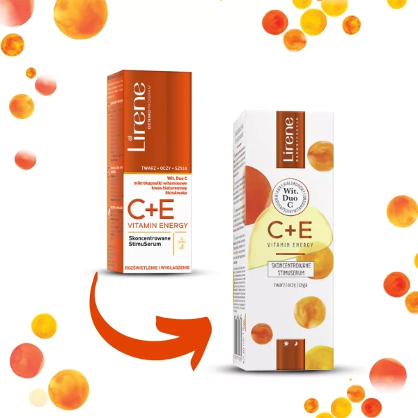 ce serum1 Lirene C + E VITAMIN ENERGY Concentrated stimuserum 30 ml REGENERATING VITAMIN BOMB! A specialized serum that stimulates the skin to regenerate. Thanks to the vitamin C and E complex, it guarantees rejuvenation, brightening and hydration of the skin. The skin needs energy support, which is why the experts of the Lirene Scientific Laboratory have created innovative solution – cosmetics C + E Vitamin Energy, containing a unique triple vitamin complex. SPECIFIC EFFECTS *: 100% improvement in skin condition 94% skin tone 89% increase in flexibility 83% improvement in hydration * IN VIVO test – assessment in a group of women after 4 weeks of use. Product features