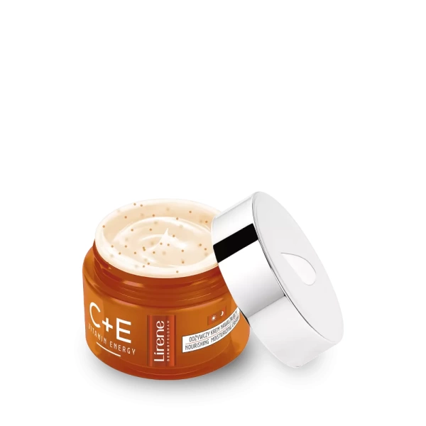 ce2 Lirene C + E VITAMIN ENERGY Nourishing moisturizing cream 50 ml REGENERATING VITAMIN BOMB! Nourishing deeply moisturizing cream with a unique ultramodern complex forms of vitamin Duo C, which combined with vitamin E, protects multidimensional youth of the skin, providing illumination and elasticity as well as effective protection anti-aging. SPECIFIC EFFECTS *: 91% firmness, elasticity 82% intense hydration 73% skin full of energy * IN VIVO test – assessment in a group of women after 4 weeks of use