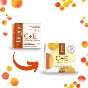 ce3 Lirene C + E VITAMIN ENERGY Nourishing moisturizing cream 50 ml REGENERATING VITAMIN BOMB! Nourishing deeply moisturizing cream with a unique ultramodern complex forms of vitamin Duo C, which combined with vitamin E, protects multidimensional youth of the skin, providing illumination and elasticity as well as effective protection anti-aging. SPECIFIC EFFECTS *: 91% firmness, elasticity 82% intense hydration 73% skin full of energy * IN VIVO test – assessment in a group of women after 4 weeks of use