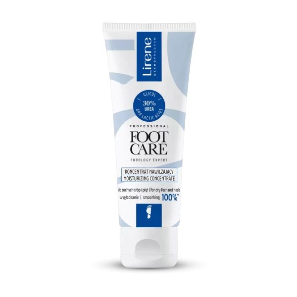 f1 Lirene PROFESSIONAL FOOT CARE Podology Expert Moisturizing concentrate for dry feet and heels 75 ml A rich formula concentrate for cracked heels and feet. Urea contained in the composition (at a concentration of 30%) perfectly smoothes and nourishes. Glycolic acid softens and prevents calluses.