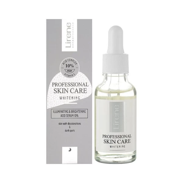 lirene professional skin care whitening illuminating brightening acid serum 10 alpha-white complex consists of alfa-arbutin and niacinamide, vitamin C and hyaluronic acid light formula moisturizes, smoothes, brightens up the skin