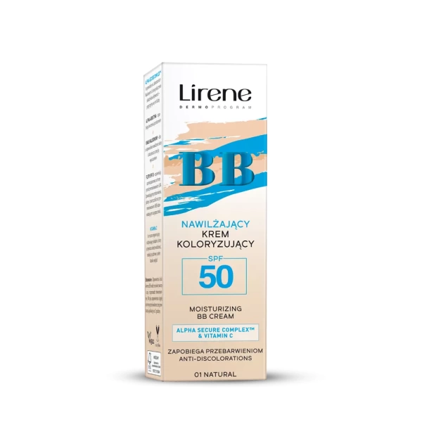 nawilzajacy krem koloryzujacy spf50 natural 01 10e07738 krt.iiut Lirene BB Moisturizing coloring cream SPF 50 30 ml Our secret to beautiful, radiant and healthy-looking skin is a combination of care ingredients and effective sunscreen. It's all enclosed in a slightly coloring cream, which thanks to the content of pigments will hide imperfections, even out the color and give your skin a natural glow.