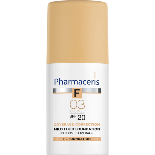 110 MILD FLUID FOUNDATION SPF 20 intense coverage COVERAGE CORRECTION 03 BRONZE 30 ml 1 10 orë mbulim! Për çdo lloj lëkure. Teksturë e lehtë, kremoze, nuk e mbingarkon lëkurën, nuk jep efekt maskë. nuk bllokon poret a njollos veshjet. Brenda 2 javëve, rrit me 15% elasticitetin dhe hidratimin e lëkurës! Filtra mineralë të mikrokapsulua Anti UVA/UVB. Pamje natyrale dhe e tërhequr