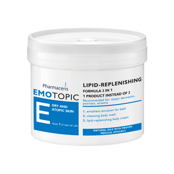 143 EMOTOPIC LIPID REPLENISHING FORMULA 3in1 for body 500 ml 1 Balsam për lëkura delikate, të ndjeshme, të thata apo shumë të dehidruara, me kruajtje e mbindjeshmëri ndaj agresorëve mjedisorë. Rikthen barriere mbrojtëse natyrale, siguron hidratimin afatgjatë e lufton Dermatitin Atopik.