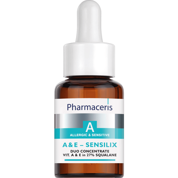 144 DUO CONCENTRATE VIT. A E in 27qualane A E SENSILIX 30 ml 1 Serum i thatë, për lëkurë mat, të fikur, tepër të thatë a të ashpër, të mbindjeshme a alergjike, të holluar a me shenja plakje, në inflamacionet periorale apo pas procedurave estetike, tatuazheve a dëmtimeve. Rigjenerues i fuqishëm e imunomodulator lokal.