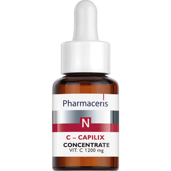 145 CONCENTRATE WITH VITAMIN C 12OO mg C CAPILIX 30 ml 1 Serum Vit. C 1200mg për lëkurë teleangioektazike, me mikroirritime dhe çrregullime pigmentimi. Nxit rigjenerimin, sintezën e kolagjenit, forcon kapilarët, redukton skuqjen, stabilizon melaninën, korrigjon shenjat e plakjes dhe i rikthen ndriçimin e elasticitetin lëkurës.