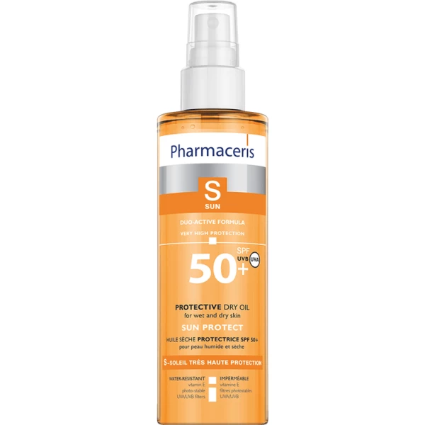 147 PROTECTIVE DRY OIL SPF 50 duo active formula for wet and dry skin SUN PROTECT 200 ml 1 Vaj i thatë, për trup dhe flokë, për lëkurë delikate, e normale. Kundër rrezatimit intensiv diellor dhe agjentëve të jashtëm. Anti-oksidant e hidratues fuqishëm, forcon barrierën lipidike e rigjeneron epidermën. Në lëkurë të thatë ose të lagur. Lë një fund të thatë e nuk ngjit.