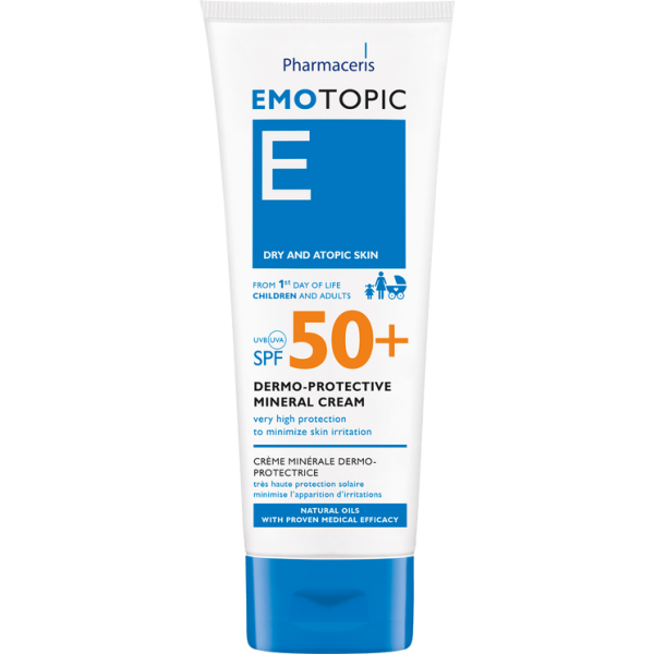 148 EMOTOPIC DERMO PROTECTIVE MINERAL CREAM SPF 50 very high protection to minimize skin irritation 75 ml 1 100% filtra mineralë për lëkura të ndjeshme, atopike, apo me alergji ndaj diellit, filtrave kimikë, aromave, konservantëve, etj. Mbrojtje shumë e lartë ndaj agresorëve mjedisorë si dielli, era, temperaturat e ulëta, etj. Riparon epidermën, eliminon tharjen, irritimet, skuqjen e kruajtjen.