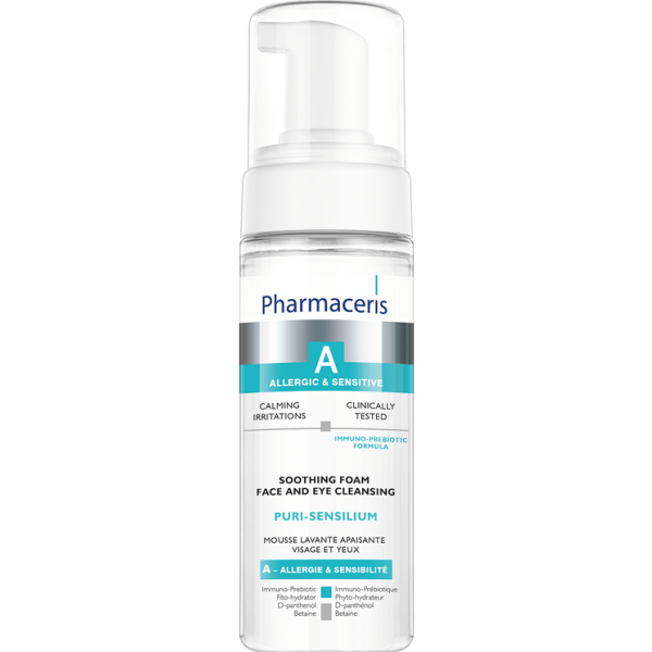 153 SOOTHING FOAM face and eye cleansing PURI SENSILIUM 150 ml 1 Shkumë delikate për lëkura të mbindjeshme e alergjike. Heq efektivisht papastërtitë e make-up. Formulë novatore me Immuno-Prebiotikë, largon acarimet, hidraton e elasticizon.