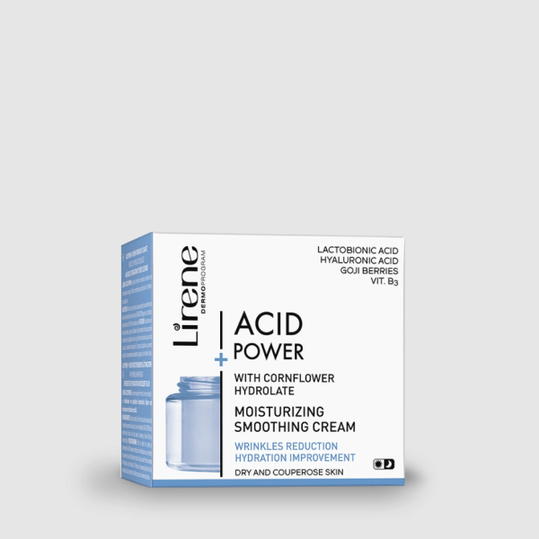 175 Lirene ACID POWER Moisturizing smoothing cream with LACTOBIONIC ACID 50 ml 1 LIRENE ACID POWER eshte nje formule inovative qe permban nje kombinim unik te acideve te specializuara dhe hidrolateve qetesuese. Ph-i i pershtatshem minimizon rrezikun e irritimit dhe zhveshjen jo terheqese te lekures, duke lejuar stimulim te rregullt, jo agresiv te rigjenerimit te qelizave. Trajtimi zbut gradualisht strukturen dhe tonin e lekures, ne menyre qe fytyra te rifitoje freskine dhe shkelqimin e saj rinor. Cdo mengjes dhe mbremje masazhoni kremin ne fytyre dhe qafe, duke shmangur zonen e syve. Kremi mund te perdoret vetem ose pas serumit LIRENE ACID POWER sipas deshires tuaj. Kur perdorni kremin, mbroni lekuren me krem dielli me SPF te larte perpara ekspozimit ne diell.