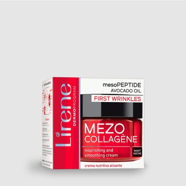 203 Lirene MEZO COLLAGENE Nourishing and smoothing night cream mesoPEPTIDE AVOCADO OIL 50 ml 1 <p>Ky produkt rekomandohet për konsumatorët e moshës 40 vjeç e lart.</p> <p>Ky krem ​​është krijuar për t'u përdorur gjatë natës</p>