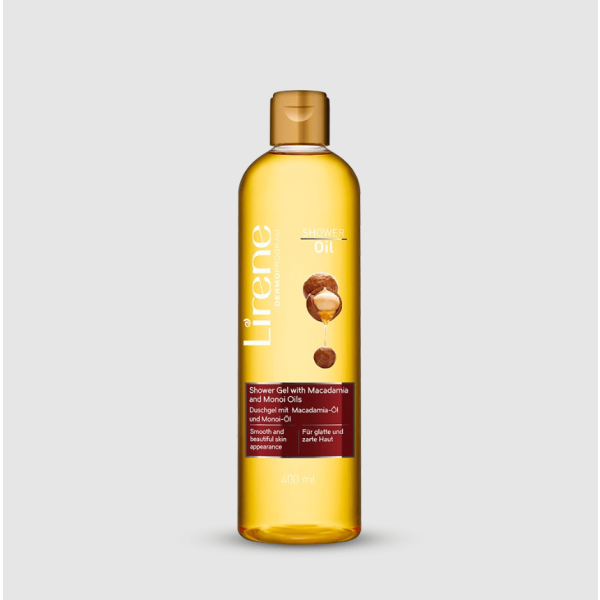 230 Lirene SHOWER OIL Shower gel with MACADAMIA AND MONOI OILS 400 ml 1 Xheli i dushit permban dy vajra te cmuar me efekt te forte ushqyes dhe hidratues. Xheli ka veti te shkelqyera pastrimi dhe nje arome te kendeshme, duke e bere rutinen tuaj te dushit nje pervoje te kendeshme. Le nje shtrese te bute, jo te yndyrshme ne lekure, duke e mbrojtur ate nga tharja. Aplikojeni xhelin ne lekure te lagur. Masazhojeni butesisht me levizje rrethore. Shpelajeni teresisht me uje. Pas tharjes se trupit, perdorni locion Lirene sipas deshires tuaj.