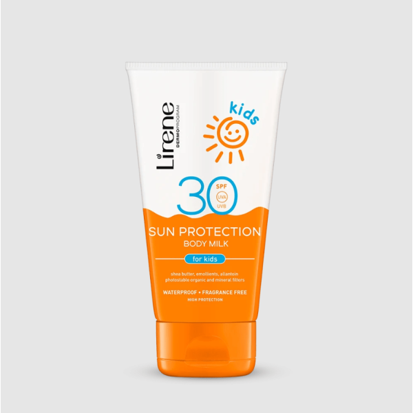 240 Lirene SUN KIDS Sun protection body milk for kids SPF 30 150 ml 1 Nje sistem i avancuar i filtrave te qendrueshem organike dhe minerale UVA dhe UVB qe mbron ne menyre efektive lekuren nga djegia nga dielli dhe demtimi i pakthyeshem i qelizave. Filtrat ne produkt thithin ose reflektojne rrezet e diellit nga siperfaqja e lekures, duke bllokuar efektet e tyre. Aplikoni nje sasi te pershtatshme te qumeshtit ne fytyre dhe trup- idealisht 15 minuta para ekspozimit ne diell. Per te siguruar nje mbrojtje maksimale, aplikojeni perseri cdo dy ore si dhe pas fshirjes me peshqir, notit ose djersitjes.