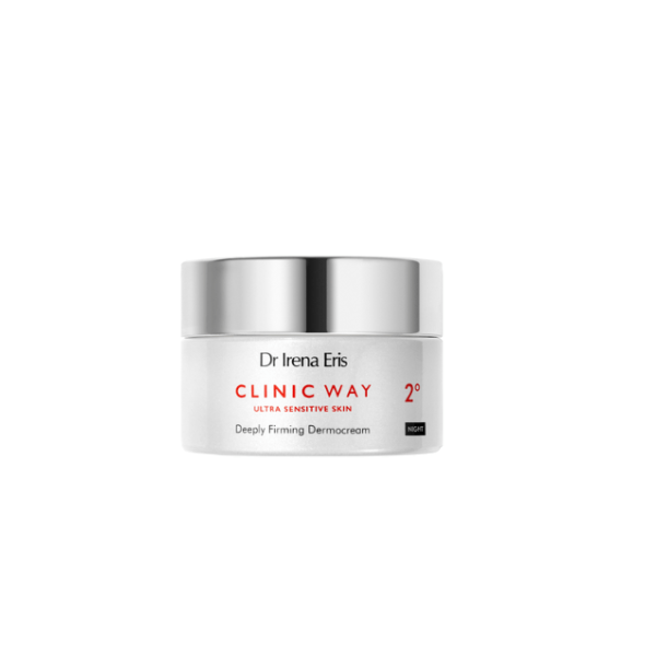 302 Dr Irena Eris Clinic Way Deeply Firming Dermocream 2° Night Cream 50 ml 1 Grada e 2 ° e kujdesit kundër rrudhave për gratë e moshës 40+ RETINOID REVITALIZATION për natën lufton në mënyrë efektive proceset përgjegjëse për formimin e rrudhave elastike. Pengon procesin e plakjes së lëkurës duke riaktivizuar vetitë rigjeneruese dhe potencialin për vetë-rinovim në tre nivele.
Kompleksi Retinoid - mbështet eliminimin e dëmtimit të lëkurës të shkaktuar nga UV. Stimulon prodhimin e kolagjenit, rregullon procesin e rinovimit të epidermës dhe melanogjenë zën. Rezultati është rritja e fleksibilitetit dhe elasticitetit, zvogëlimi i rrudhave, dhe përmirësimi i ngjyrave dhe funksionë ve mbrojtëse të lëkurës. Aqua Calcis - ujë gëlqeror farmakope, për shkak të vetive të tij antiseptike, qetësuese dhe irrituese. Përdorimi: Aplikojeni në darkë në lëkurë të pastër.