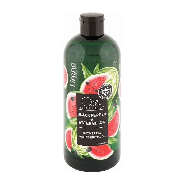 43 Lirene OIL THERAPIST Shower gel with essential oil BLACK PEPPER WATERMELON 400 ml 1 Aroma delikate dhe e kendeshme e piperit te zi ne kombinim me shakqirin e lengshem, stimulon dhe energjizon trupin dhe mendjen. Aplikojeni xhelin ne lekure te lagur, masazhojeni lehesisht me levizje rrotulluese dhe me pas shpelajeni teresisht me uje. Pas tharjes se trupit, perdorni balsamin e zgjedhur Lirene.