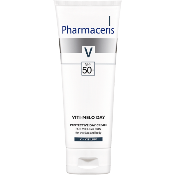 84 PROTECTIVE DAY CREAM FOR VITILIGO SKIN for face and body VITI MELO DAY 75 ml 1 Në vitiligo e depigmentime; frenon inflamacionin, riaktivizon mitokondritë, mxit receptorin e Vit. D, frenon gjenet përgjegjëse për vitiligon e ul nivelet e IL-6 (thelbësore në proceset depigmentuese) Ndalon dëmtimet qelizore e lezionet e reja, dhe nxit ripigmentimin.