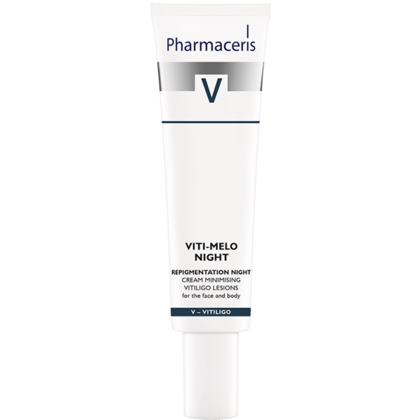 85 REPIGMENTATION NIGHT CREAM MINIMISING VITILIGO LESIONS for face and body VITI MELO NIGHT 40 ml 1 Natën, vetëm mbi depigmentimet; frenon inflamacionin, riaktivizon mitokondritë, activizon receptorin e Vit. D, frenon gjenet përgjegjëse për vitiligon, e ul nivelet e IL-6. Ndalon dëmtimet qelizore e lezionet e reja, dhe ripigmenton efektivisht.