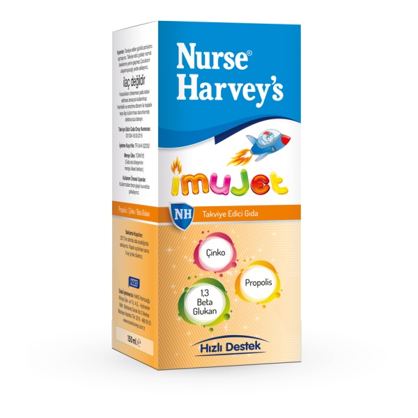 IMUJET "Nurse Harvey’s Imujet është
suplement ushqimor në
formë lëngu i prodhuar
veçanërisht për fëmijët
Përmban Beta Glucan,
Vitaminë C, Ekstrakt
Echinacea, Ekstrakt Propolis,
Zink dhe Ekstrakt Trëndafili."