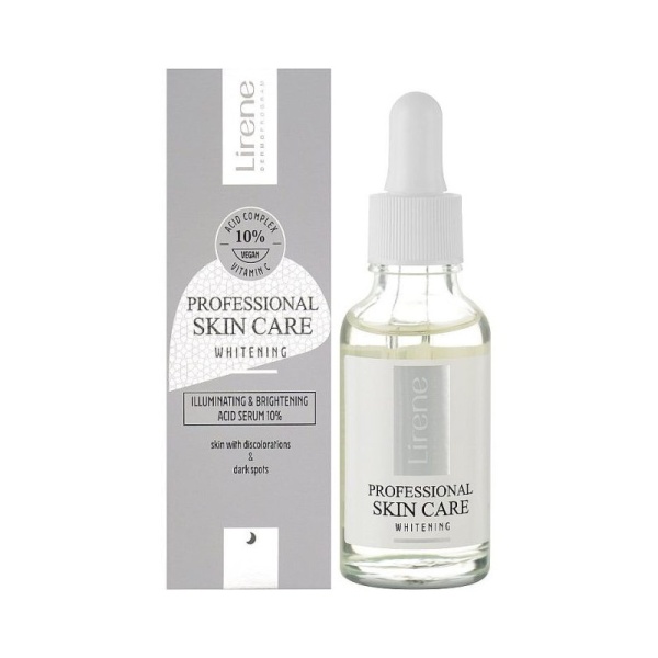 lirene professional skin care whitening illuminating brightening acid serum 10 Serum zbardhues per fytyren qe siguron nje pamje te re, te shendetshme dhe te ndritshme te lekures tuaj. 10% acid complex qe eksfolion efektivisht qelizat e vdekura te lekures, ne menyre qe te ndihmoje me trajtimin e njollave te erreta dhe diskolorimeve. Ne te njejten kohe vitamina C frenon prodhimin e melanines dhe procesin e plakjes, duke e mbajtur lekuren tuaj te ndricuar dhe pa rrudha. Aplikojeni ne mbremje, 2-3 here ne jave ne lekure te paster dhe te thate. Shpelajeni me uje te ngrohte pas 20 minutash ose lereni gjate gjithe nates dhe shpelajeni ne mengjes. Kujtohuni te siguroni lekuren tuaj me krem me SPF te larte gjate trajtimit me acid.